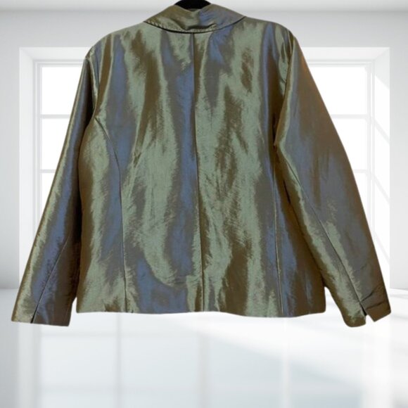 Chico's XL (3) Shimmer Metallic Puffer Jacket Olive Gold Light Zip Up Outerwear - Picture 3 of 11